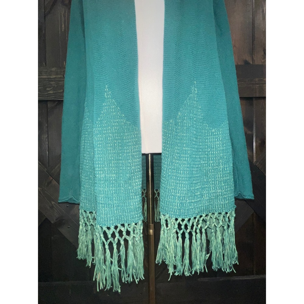 Lilly Pulitzer Teal Tatum Cardigan Sweater M Fringe Hem Open Coastal Boho Knit - Picture 6 of 10